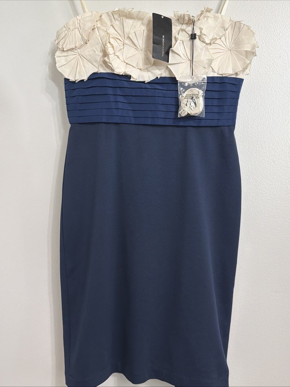 New BCBGMAXARIA Dress Size 2 Blue Ivory Sheath Strapless Knee Length NWT $318
